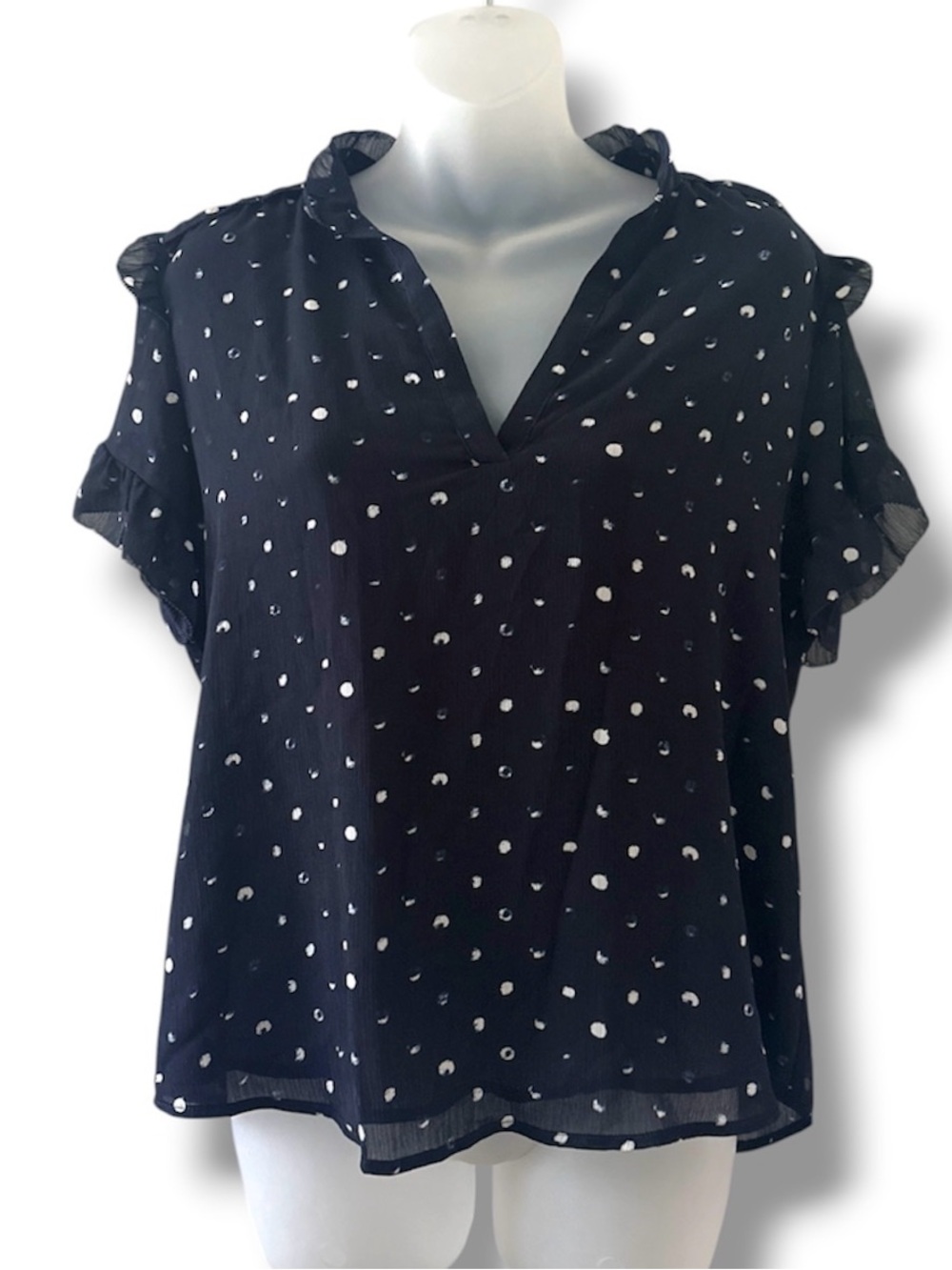 J.Crew Point Sur Navy Blue Chiffon Dot Ruffle Sleeve Top Womens Sz Small Coastal